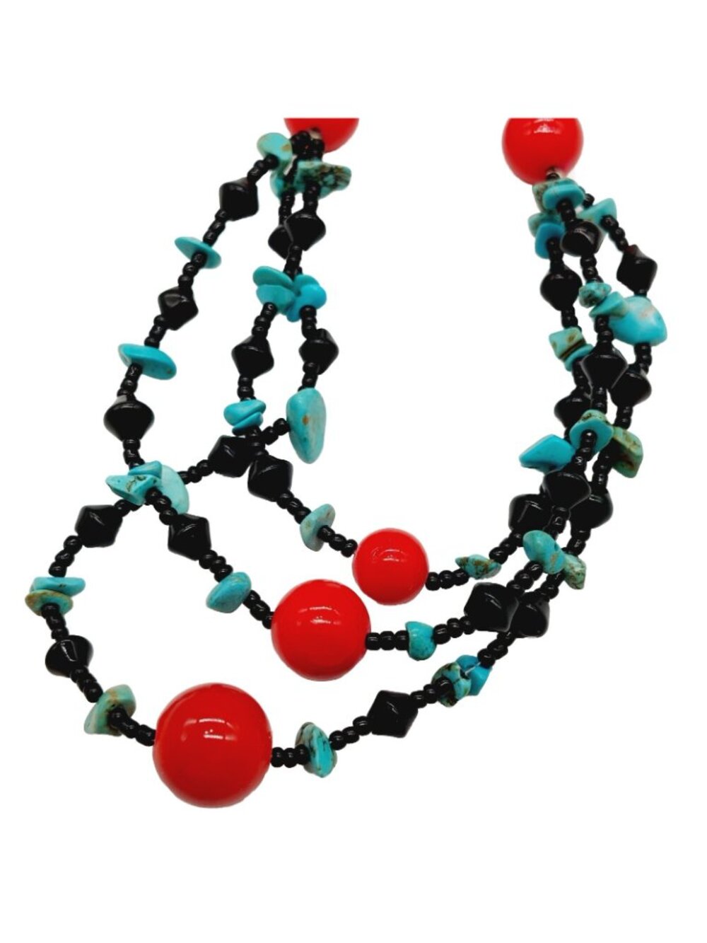 Turquoise Chips & Black Red Plastic Beads Necklace Gemstone Brand 18"